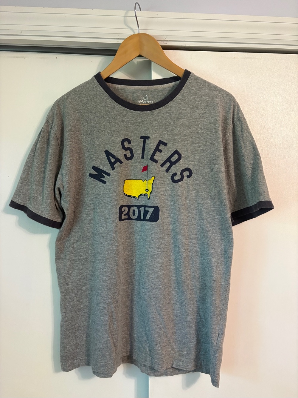 Masters Gray Ringer Tee with Yellow Map and Navy Trim